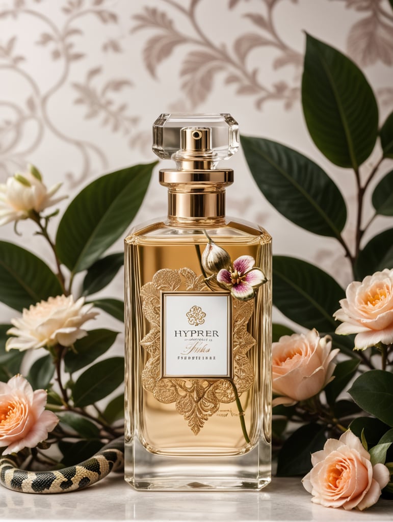 Floral background with modern perfume bottle with blanc white label and snake wrapped around the bottle