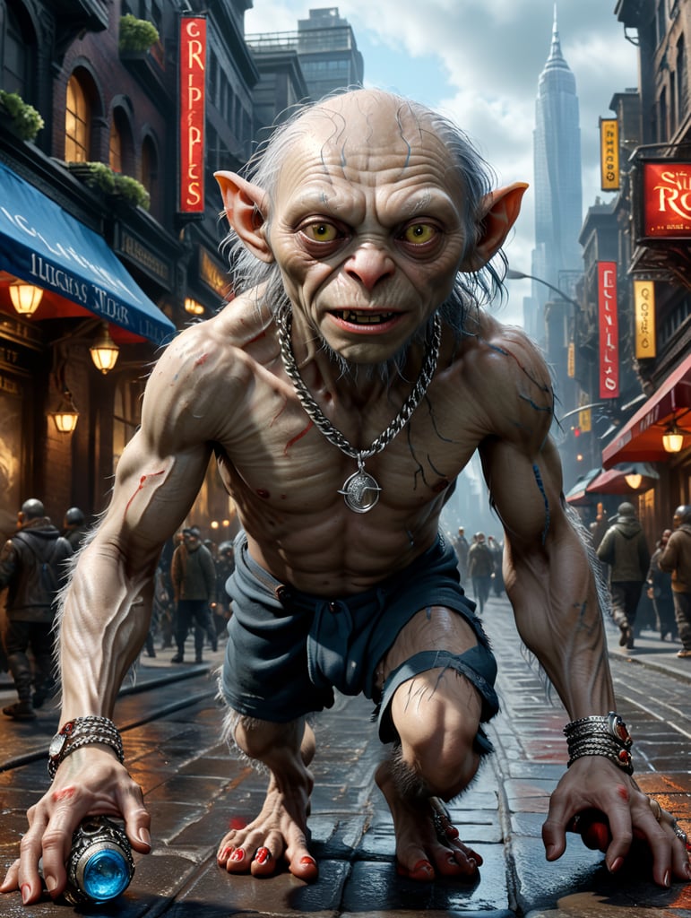 Aplicar um colar em prata estilo rapper no personagem Gollum da Trilogia Senhor dos Anéis. Gollum deve estar andando em uma calçada na cidade de New York, usando um tênis Air Jordan de cores branca e vermelha e Gollum também deverá estar usando um casaco de pele com estampa de Cheetah e com headphone AirPods Max de cor azul