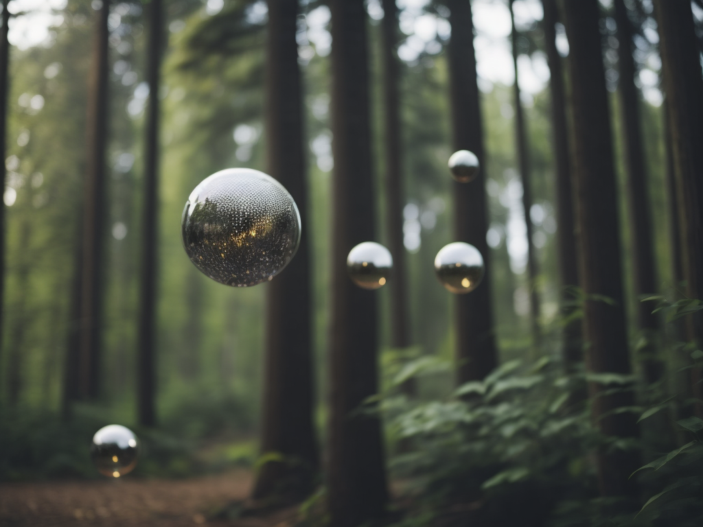 chrome round balls flying in the forest, no blur, sharp focus, cinematic lighting, epic scene