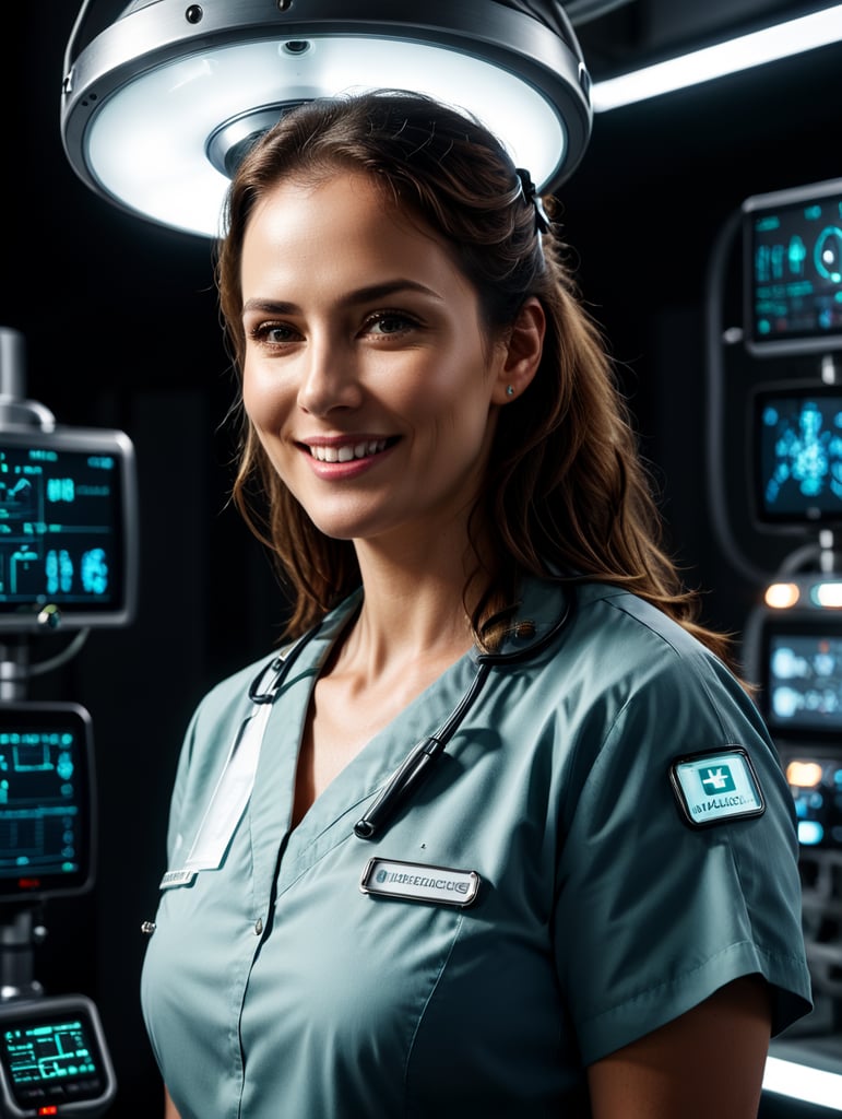 A smiling doctor or nurse, demonstrating empathy and trust while using the MEDLUX pneumatic systems. Advanced and modern technology stands out, such as a pneumatic system in operation, transmitting the idea of innovation. A multidisciplinary team, including doctors, nurses, purchasing professionals and financial managers, collaborating in an efficient and safe hospital environment. Elements that represent sustainability, such as images of environmentally responsible practices or symbols of environmental preservation. A touch of optimism and inspiration, perhaps through an inspiring quote related to the search for excellence in the medical area.
