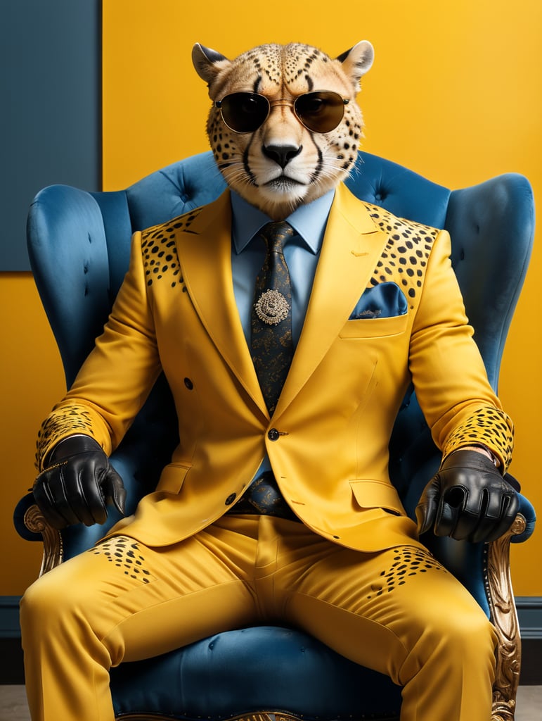 a sleek looking cheetah, sitting on a tufted blue velvet chair, bright yellow background, wearing an expensive suit, with very large dark sunglasses, hands in lap, full body with black shiny shoes, black leather gloves, black leather shoes, facing front, super crisp, photographic canon 80d, daylight, bold, fantastic