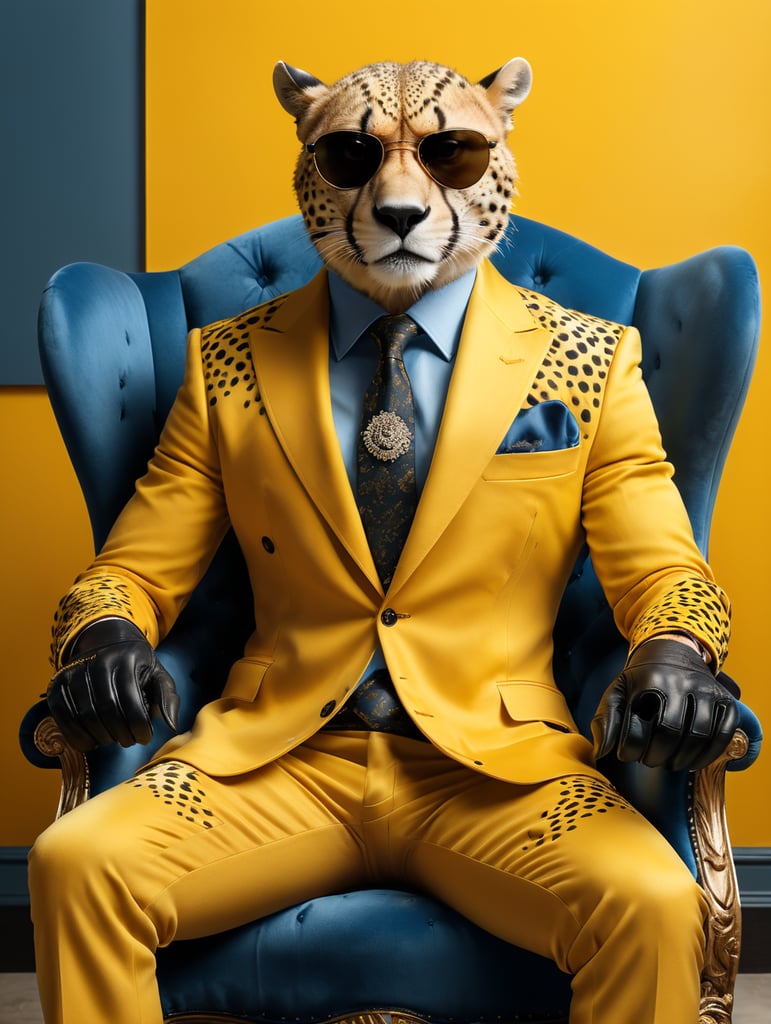 a sleek looking cheetah, sitting on a tufted blue velvet chair, bright yellow background, wearing an expensive suit, with very large dark sunglasses, hands in lap, full body with black shiny shoes, black leather gloves, black leather shoes, facing front, super crisp, photographic canon 80d, daylight, bold, fantastic