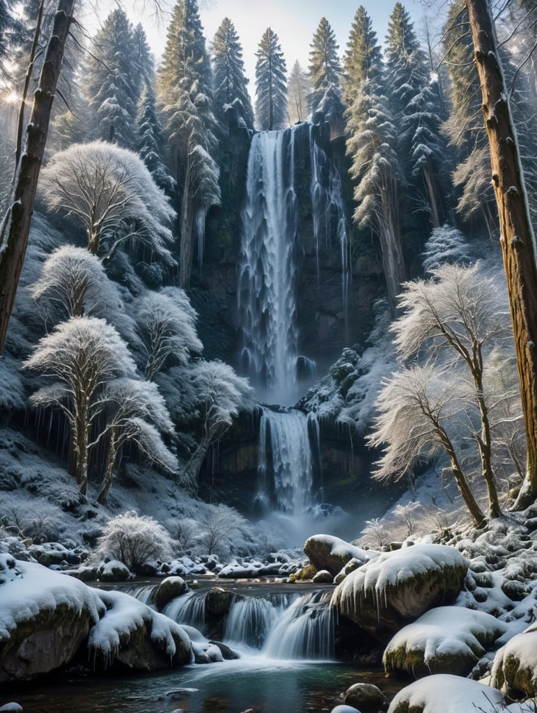 snow forest with giant waterfalls