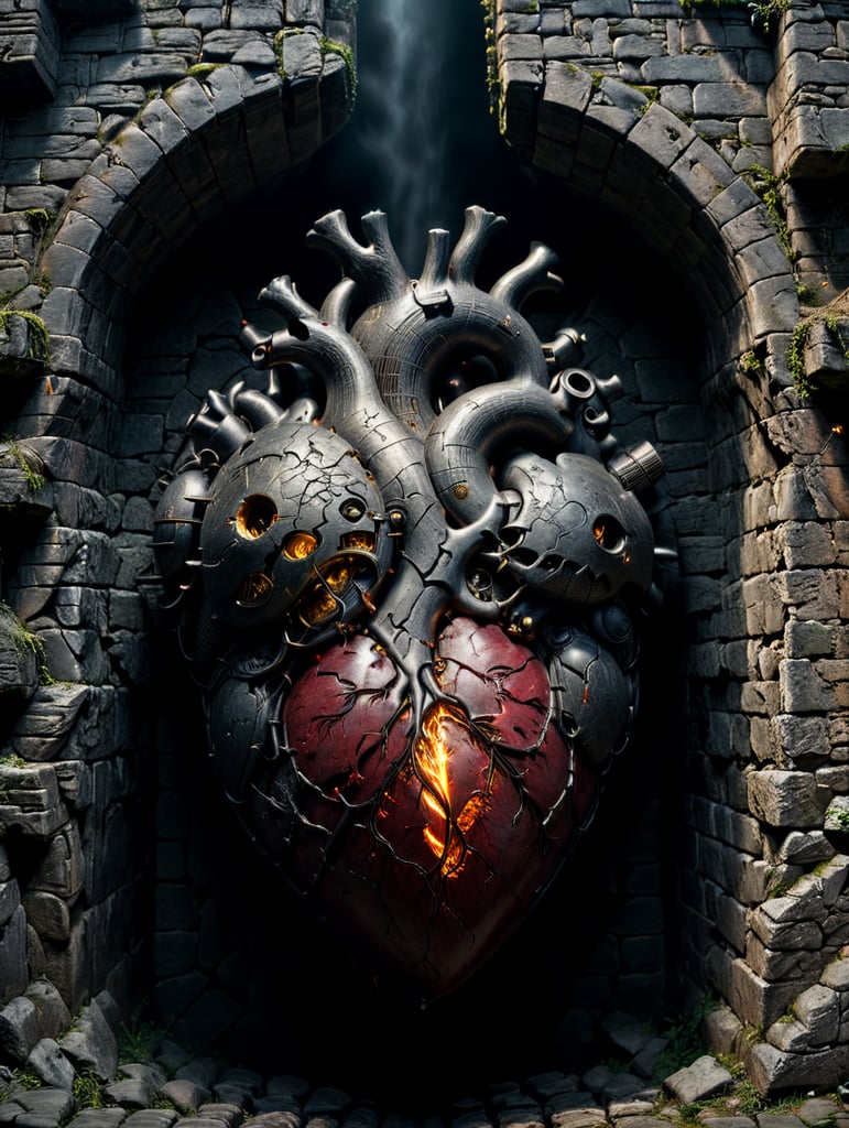 A stunning interpretation of a human heart surrounded by medieval walls,dark,