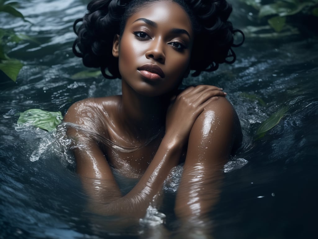 Create the back view image of a Nigerian maiden swimming away in the depth of the water, she is covered by the water, she is at the bed of the river, her damp hair touching her back and shoulder, image should be taken from a distance, image should capture her inside the water, surrounded by water plants, image should be very epic and realistic with full colurs