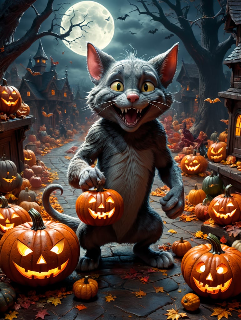 Tom & Jerry, cartoon, horror scene,Halloween style, vivid saturated colors, highly detailed, high contrast