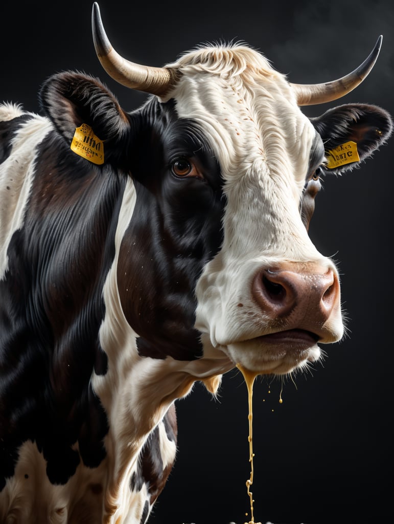 корова в профиль смотрит вверх, сверху течет молоко, простая векторная картинка 2D, черный белый