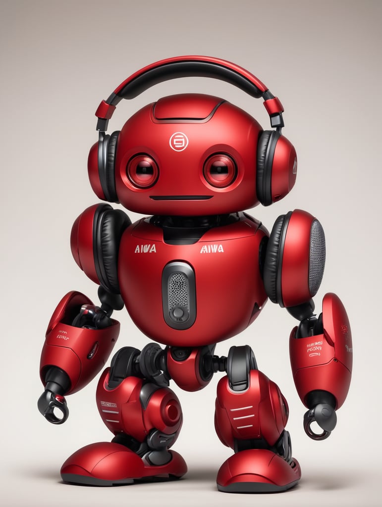 red robot that works in technology, named AIWA, with headphones, kind of cute, kind of strong