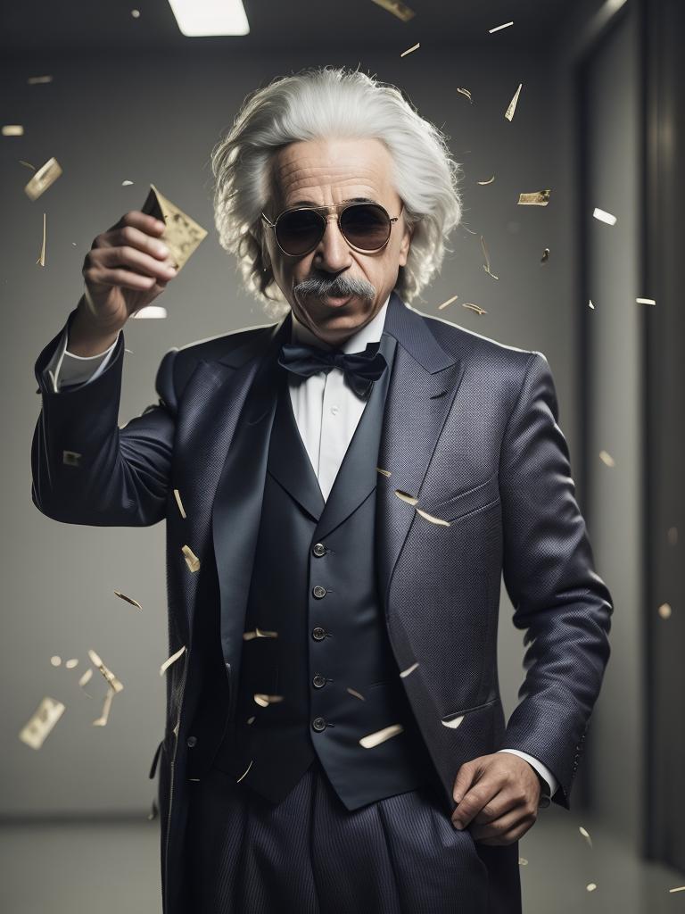 cinematic photo of Albert Einstein in rapper style. Dressed in a flashy suit, sunglasses perched on his nose, holding his Nobel Prize in his mouth like a true boss. Money raining down around him, crisp dollar bills fluttering in the air. A sleek sports car in the background, doors open, ready to ride. Einstein's confident smirk, a swagger in his stance, the embodiment of intellectual cool and unapologetic brilliance. 35mm photograph, film, bokeh, professional, 4k, highly detailed, vibrant, stunningly beautiful, high contrast, ultra-modern