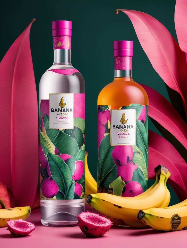 Packaging and branding for a banana vodka brand as if it had been designed by HI ESTUDIO with In a set design with banana, dragon fruit and dry banana leaves.