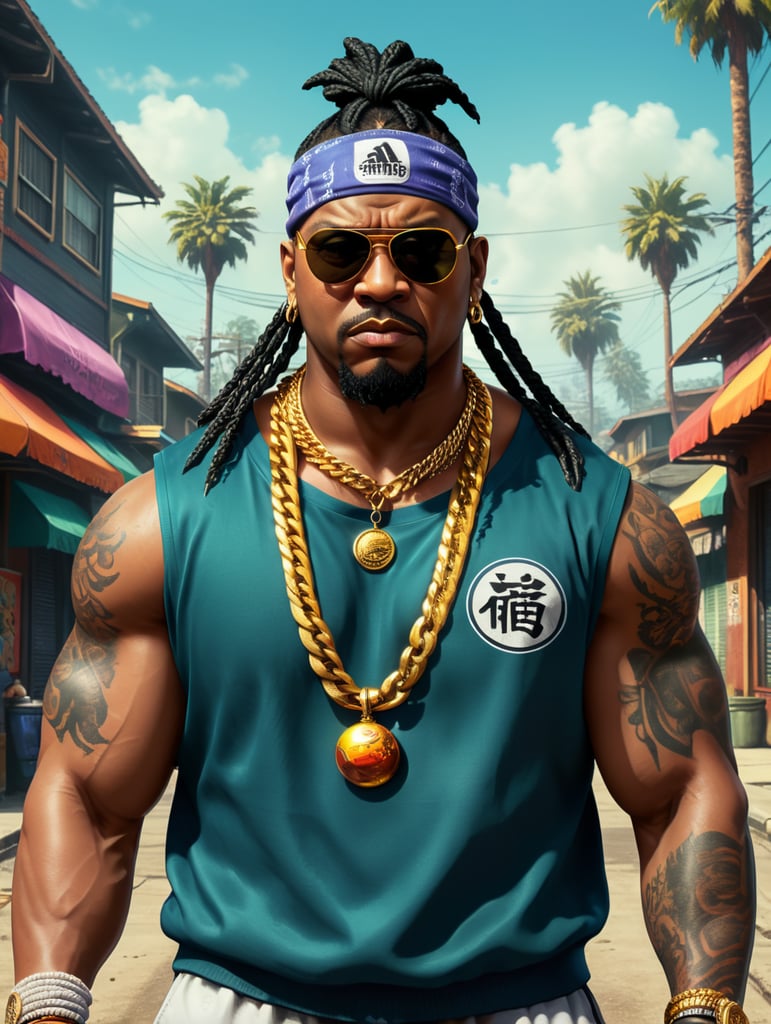 a simple Logo art of A furious, angry furious black crazy fat man ,box braids and cap, sunglasses ,gang member, gangsta 1990's, arms crossed , Loose clothes, royal bandana in your face and baseball jersey , Golden chain ,ultra realistic, intricate details , real colors , 8k , uhd, comic, gta san andreas style , A hood ghetto behind the central image rounded bandana background , Dragon Ball Z style vaporwave