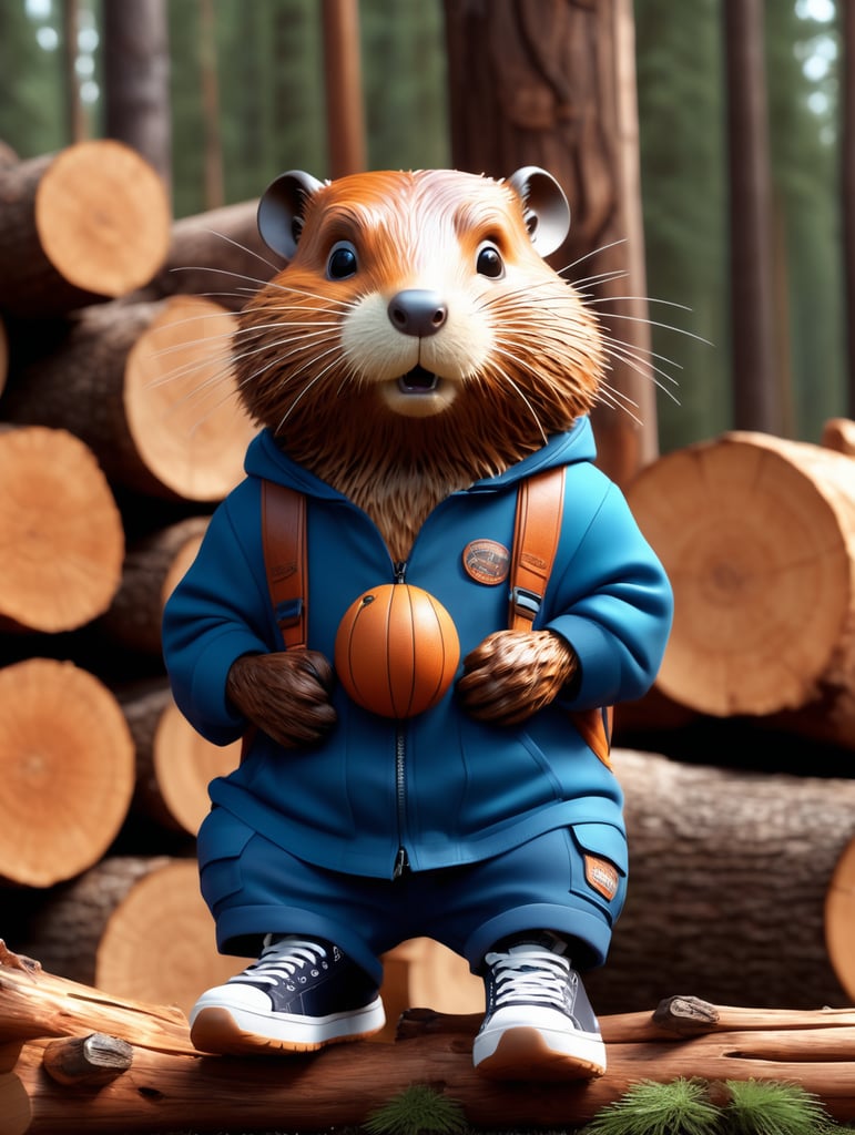 Extremely realistic beaver. in work clothes. in sneakers. against the background of sawn logs. volumetric lighting, maximalist photo illustrations, 8k concept art, meticulously detailed, complex, expansive, fantastical.