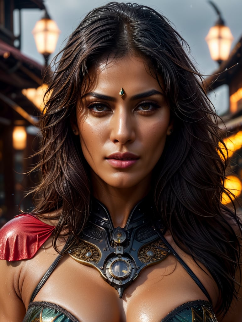 "Chitrangada Singh outside in the rain, dusky skin, big beautiful kohl eyes, wet dense black long hair, black eyes, alluring, revealing string bikini, blushing. Intricate details, HDR, beautifully shot, hyperrealistic, sharp focus, 64 megapixels, perfect composition, high contrast, cinematic, atmospheric, mid shot, photorealistic" "head and shoulders portrait, 8k resolution, provocative string bikini revealing, Greg Rutkowski, Artgerm, Alphonse Mucha dynamic lighting hyperdetailed intricately detailed Splash art trending on Artstation triadic colors Unreal Engine 5 volumetric lighting, steampunk engine"