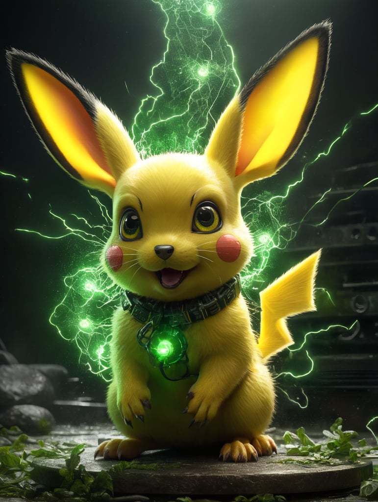 Pichu surrounded by green electrical sparks coming from its tail.