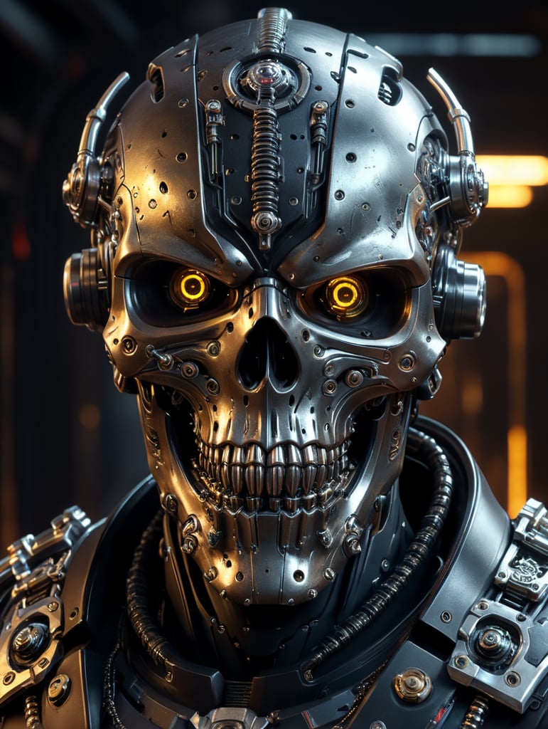 Cyber skull face Octane render, hyperrealistic, unreal engine 5 cyberpunk concept art, Mega design, concept art, variation, sci - fi, robot, metal hood and robe, rotary saw weapon, state of the art tech details, full body art