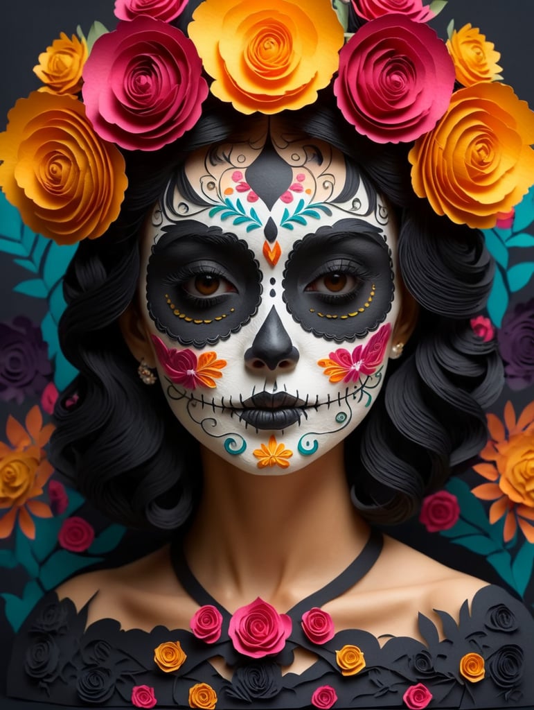 Portrait of Mexican beautiful catrina with roses on head Sugar skull makeup for day of dead in Mexico Dia de los muertos