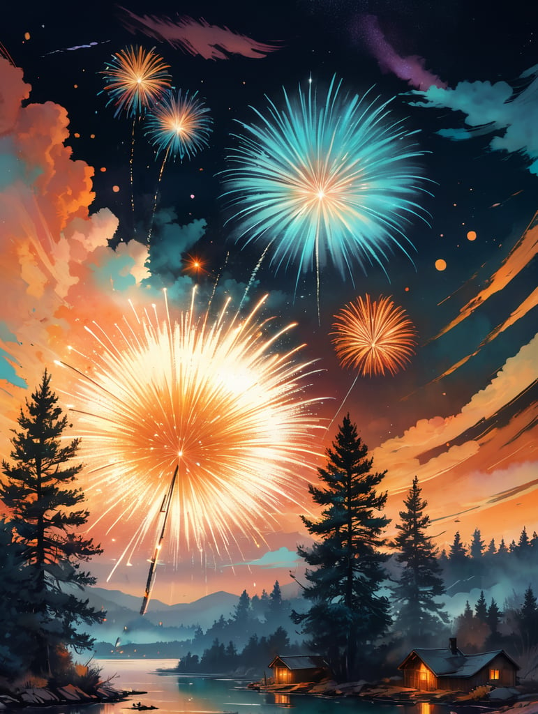 A few Fireworks in sky at night with stars and moon