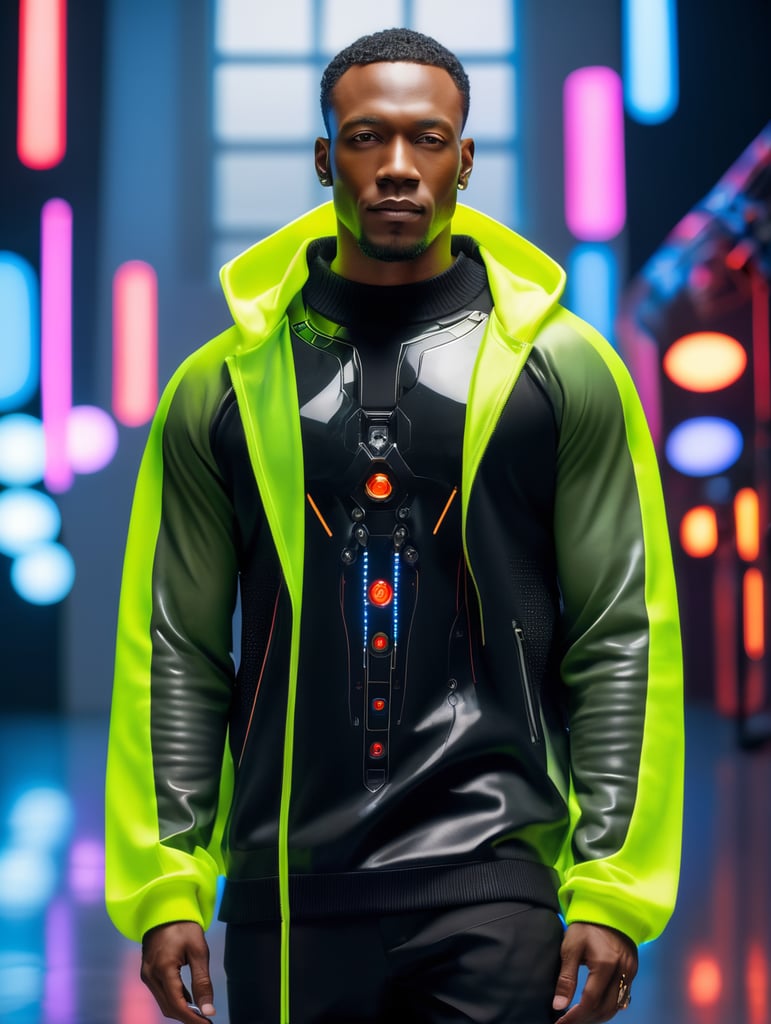 Cyborg black man wearing black crewneck sweater, in a studio for a photo shoot, bright colours, high contrast, contrast lights