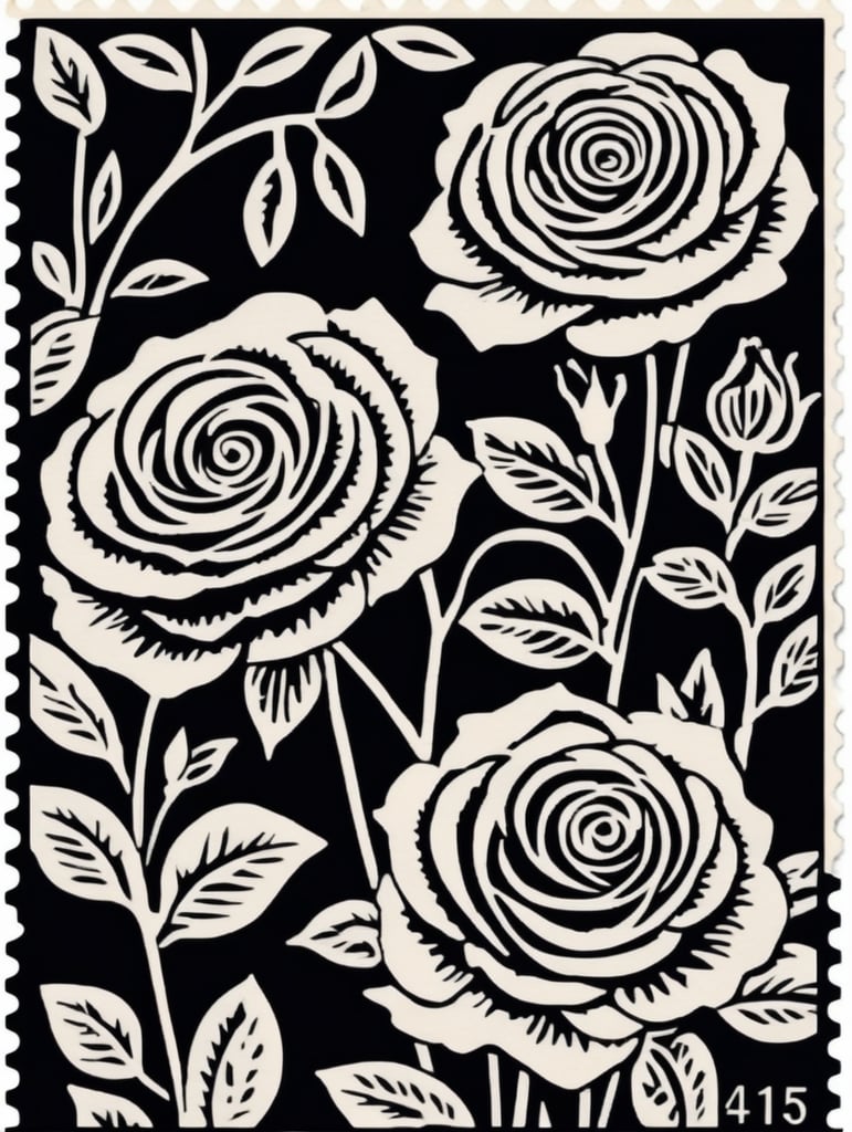 Black and white linocut postage stamp rose garden thick bold dark lines