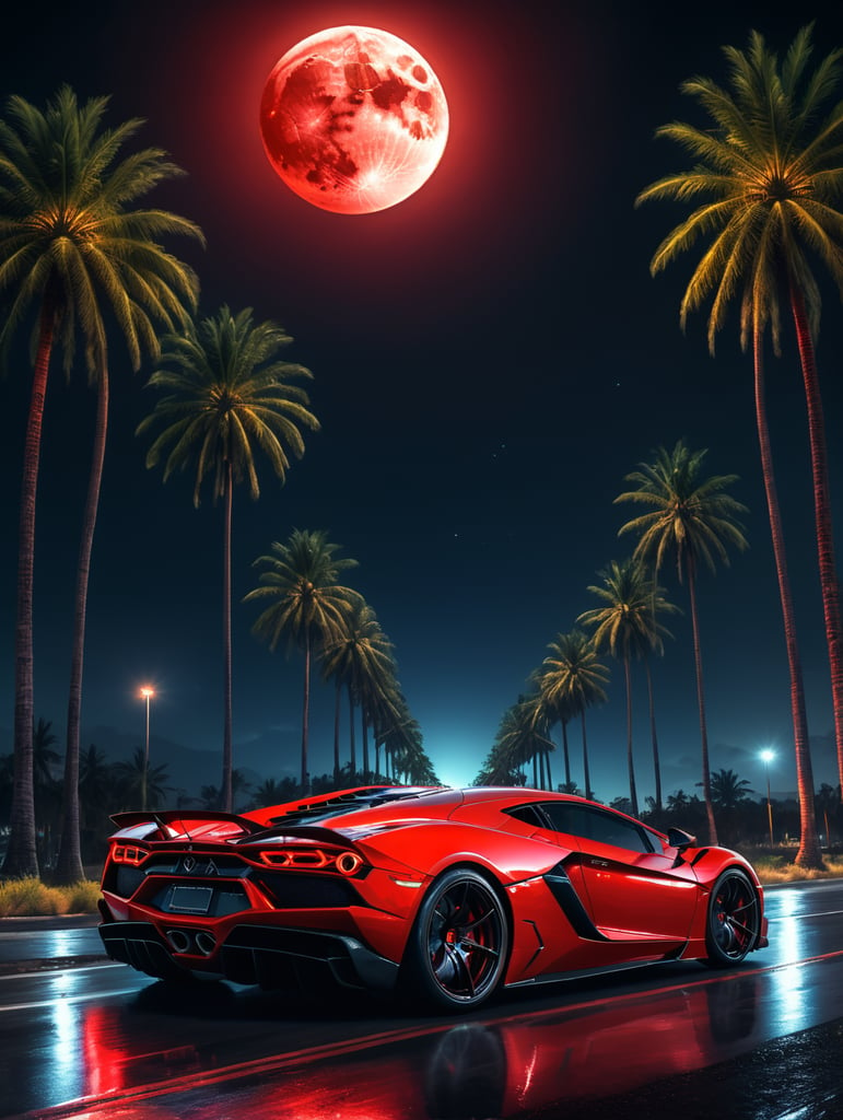 Modern red supercar, night, long road, palmtrees, shining moon, 64k