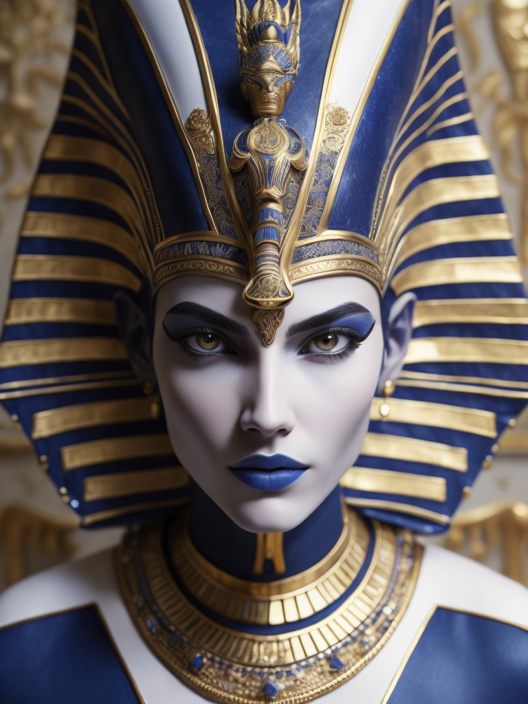 mythology goddess creature with Tutankhamen mask made of azulejo’s white and blue, gothic, gold, Neoclassical, elegant, beauty, antique classical, masterpiece, Canon50, Beautiful Lighting, Sad, highly detailed, detailed facial features, unreal engine, Octane Render, very detailed eyes, symmetrical eyes, mythology, hd, 3d, hq,