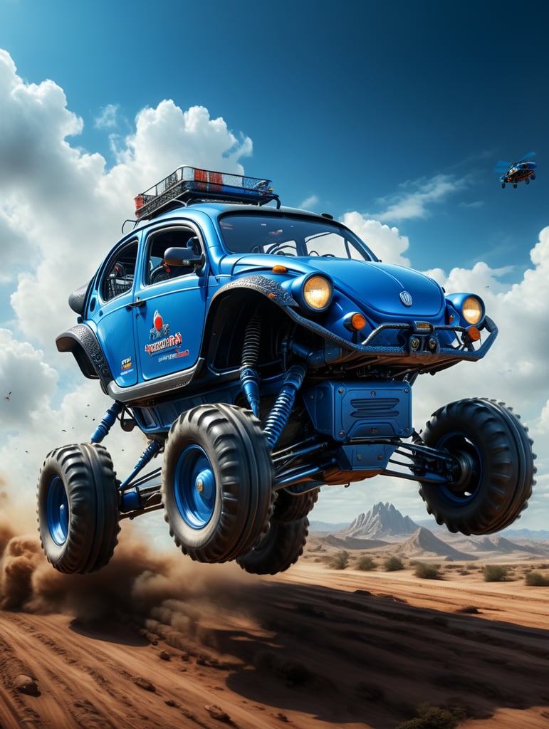 blue buggy car flying on the sky