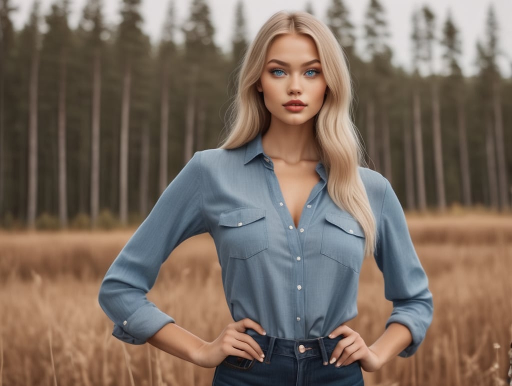 tall, thin, long legs, average breast, blues eyes, plump lips, Finnish ancestry, young adult woman