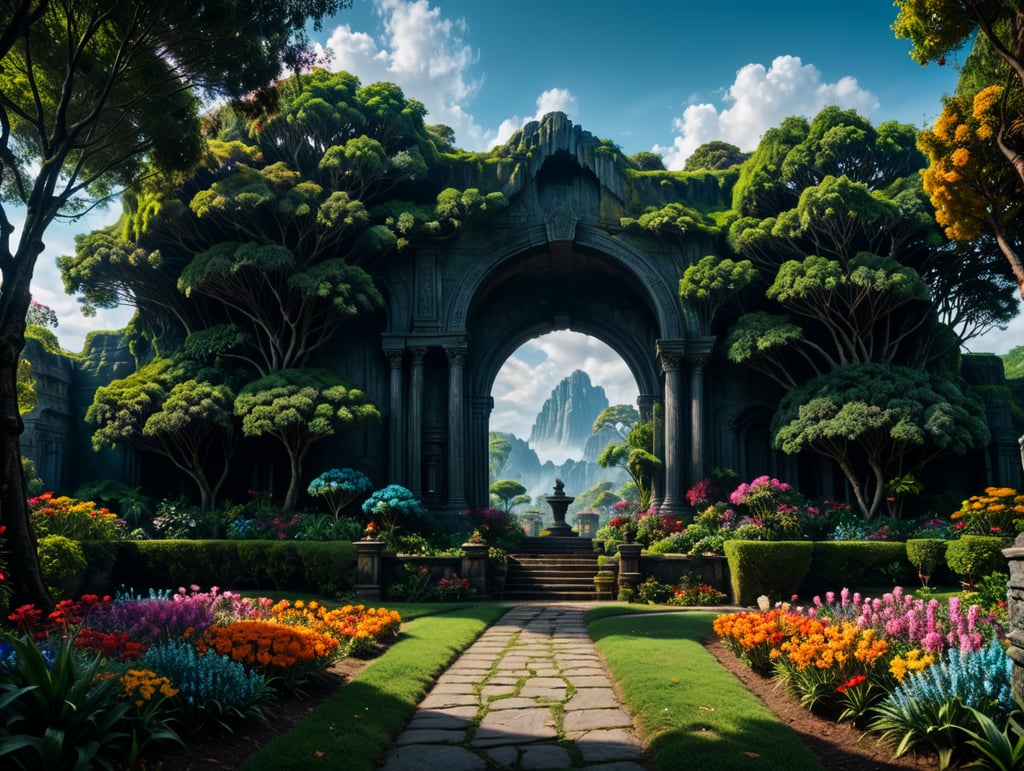 um casal de pé, abraçado em meio a um jardim florido e com arvores. Ao fundo uma fonte de água jorrante, percebe-se um céu azul com poucas nuvens. os dois estão muito felizes