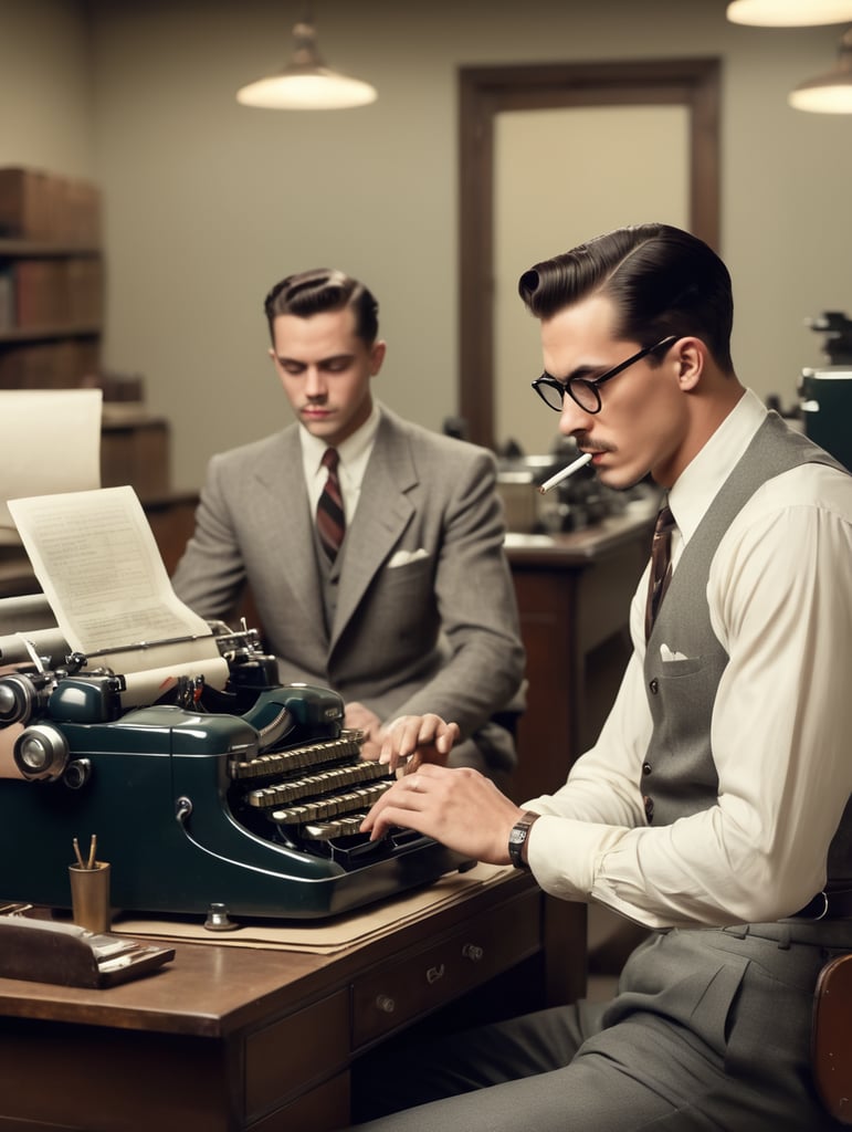 Hollywood 1940's, a young man, smoking a cigarette, is typing on a vintage typewriter in an office,