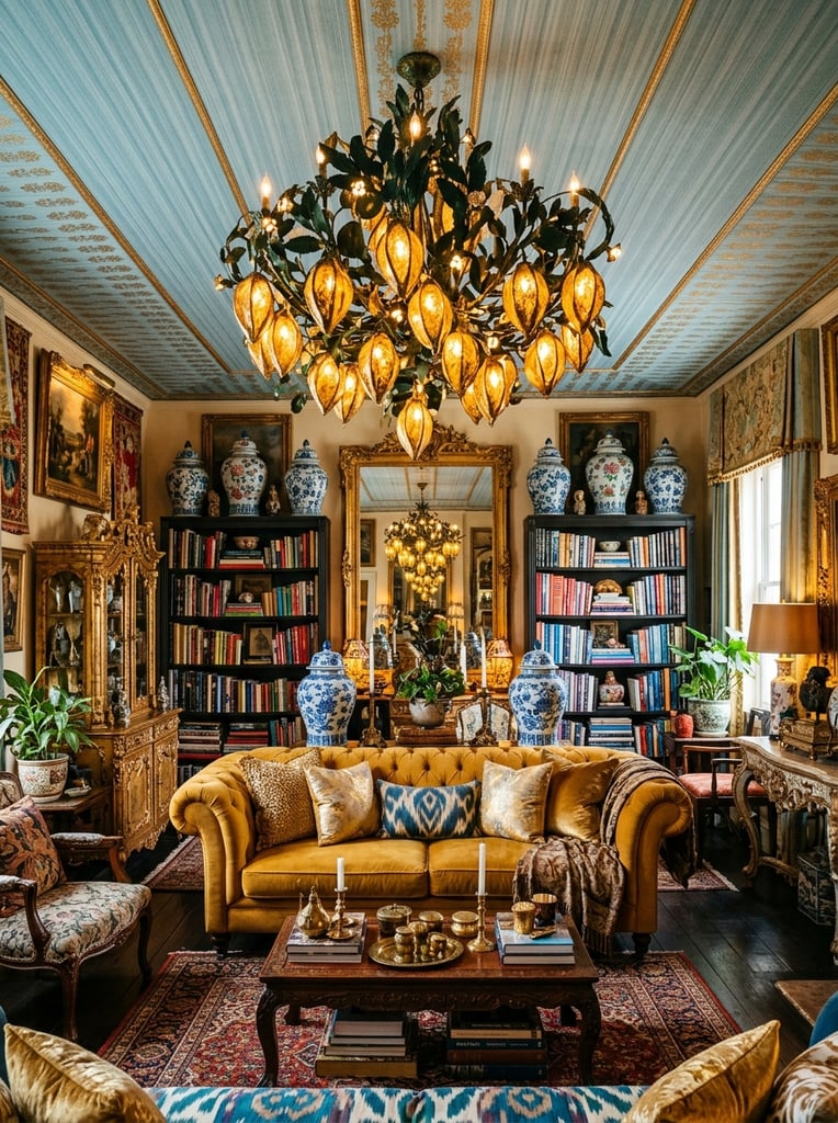 An opulent maximalist living room centered beneath an intricate chandelier of glowing golden seed pods and dark green metal foliage. The organic fixture hangs from a striated light-blue fabric ceiling. A tufted mustard-yellow sofa with metallic and textured pillows anchors the space behind a low coffee table. Dark bookshelves brimming with vibrant volumes and large blue-and-white porcelain ginger jars flank an elaborately carved golden mirrored cabinet. Background mirrors reflect the dense decor, multiplying the warm ambient light throughout the richly textured interior.