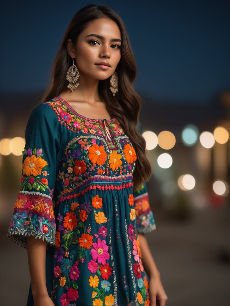 Beautiful Mexican woman with freckles, wearing a colorful, vibrant, detailed embroidered dress, médium-full shot, at night