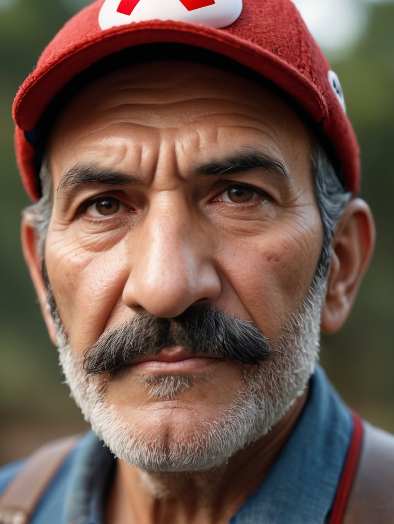 RAW photo, portrait of an old Super Mario, highly detailed textures, tired, run down, deep skin pores, red Super Mario hat, perfect lighting, photorealism, photo realistic, hard focus, smooth, depth of field, 8K UHD, photo taken by a Sony Alpha 1 , 85mm lens, f 1. 4 aperture, 1 500 shutter speed, ISO 100 film, neutral colors, muted colors