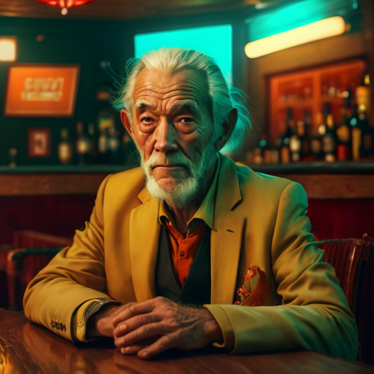 elderly man sitting at a table in a bar