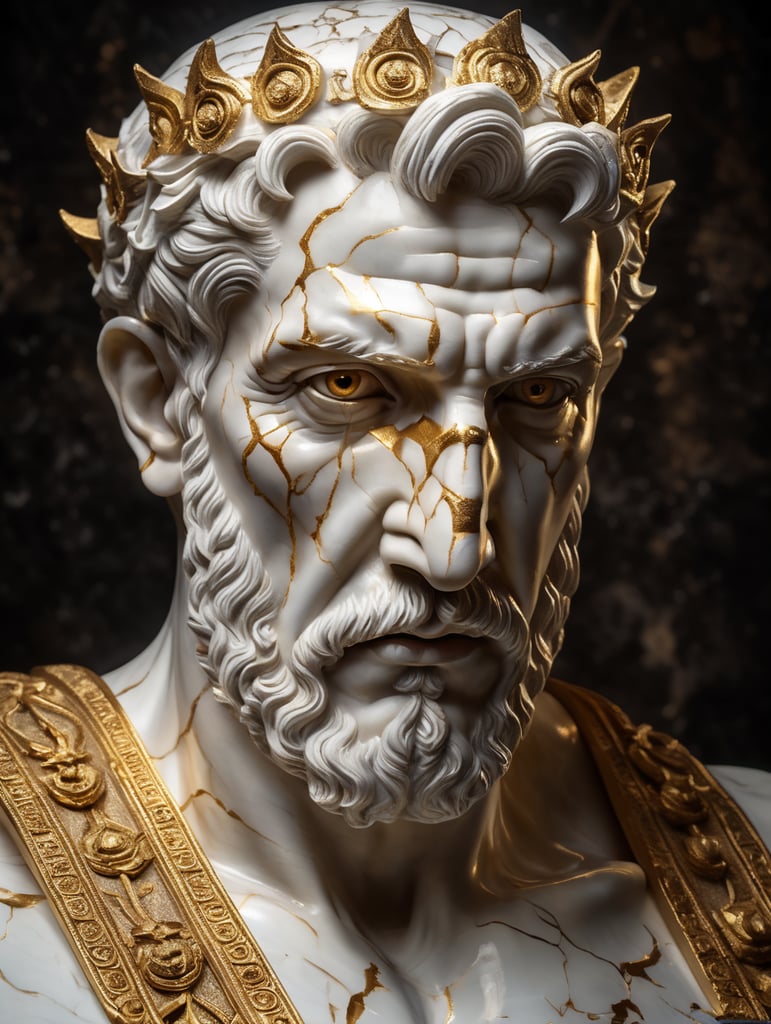 A cracked white marble sculpture of a Greek God head with gold inside, studio lighting, dark background