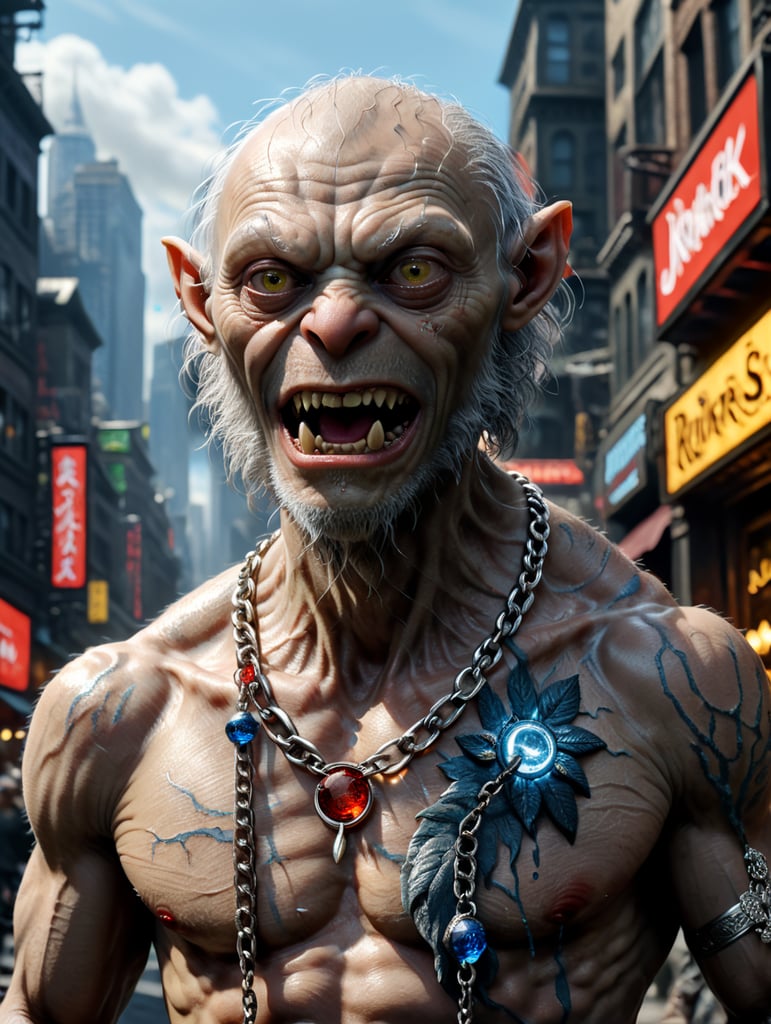 Aplicar um colar em prata estilo rapper no personagem Gollum da Trilogia Senhor dos Anéis. Gollum deve estar andando em uma calçada na cidade de New York, usando um tênis Air Jordan de cores branca e vermelha e Gollum também deverá estar usando um casaco de pele com estampa de Cheetah e com headphone AirPods Max de cor azul