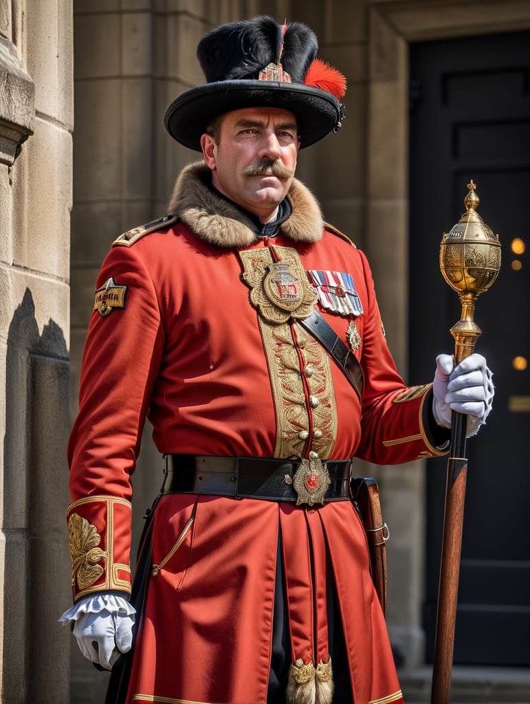 Retro poster of a Beefeater man, ceremonial guard of the Tower of London.