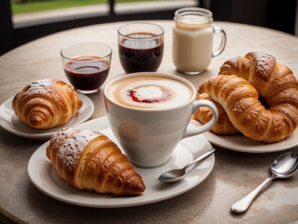 A cup of coffee with milk and sugar and a croissant with jam