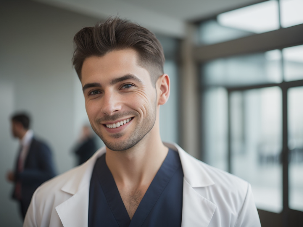 happy slavic doctor in hospital lobby, bright daylight, ultra-realistic, sharp focus, detail, 70mm, cinematic, film, realistic, photography