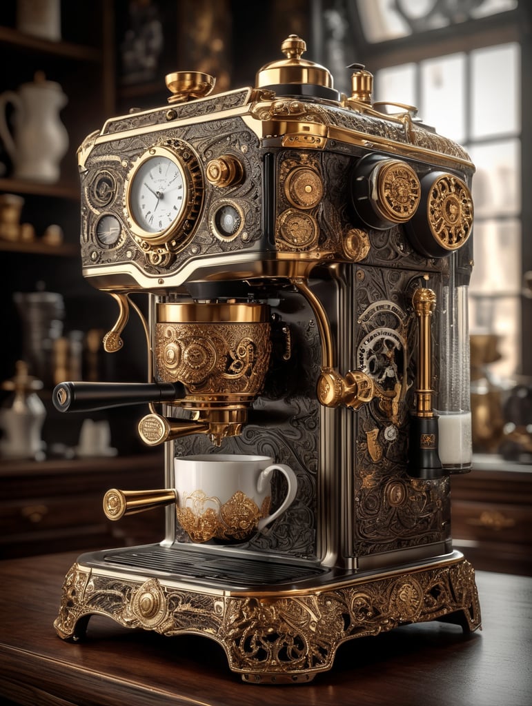 coffee maker made in steampunk style, decorated with gold, carved white plastic, ivory color, deep engraving