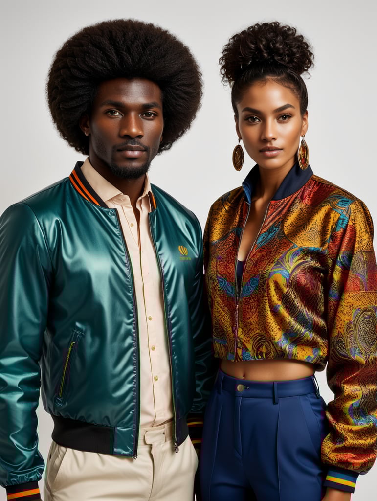 The assemblage has a very naturalistic style, with trademark use of bold colors and brushstrokes. Sportiv man and women ebony mannequins, afro dandy, athletic shape, 80's style, afrobeat, custom made jacket African shirt, colorful fabric, african curtain, fashion, ebony, black, mannequin, 3d model, couple, centered image