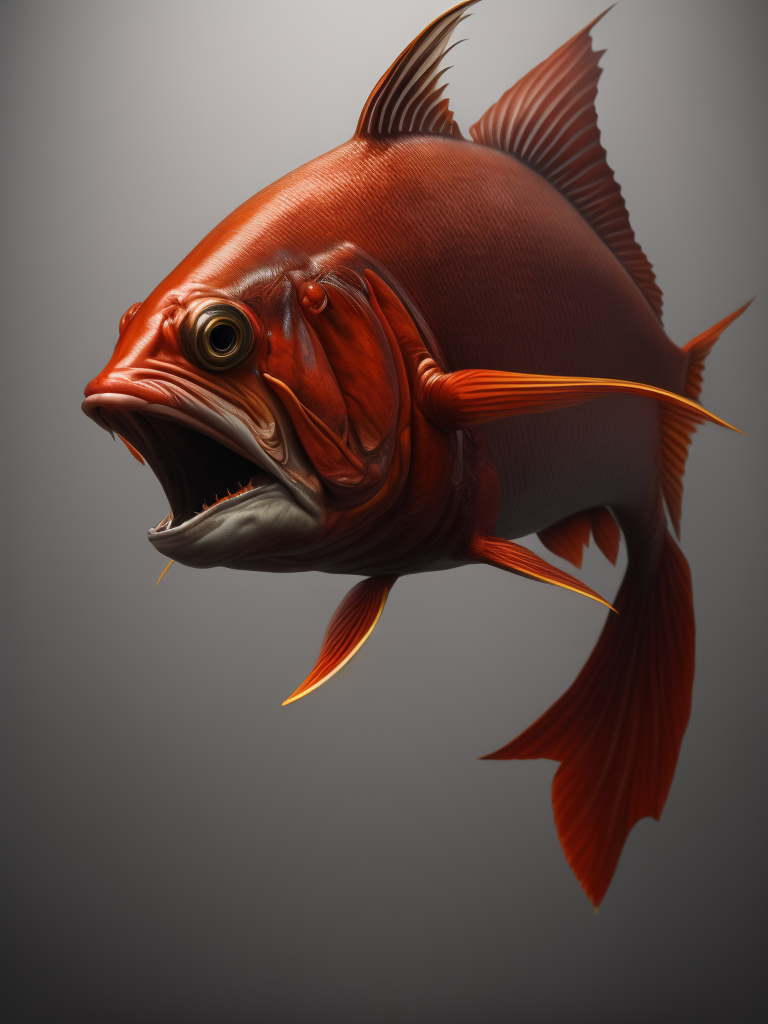 Demonic red fish with red horns, painting in the style of norman rockwell, hyper realistic, photorealistic, highly detailed