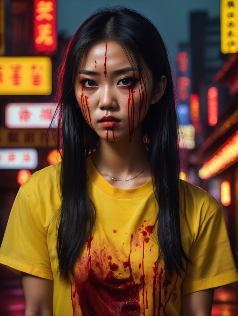 A girl of Asian appearance is dressed in a yellow shirt stained with blood, her face is bloody, against the backdrop of Chinatown and neon lights, dark atmosphere, deep contrasting shadows, Takashi Miike style