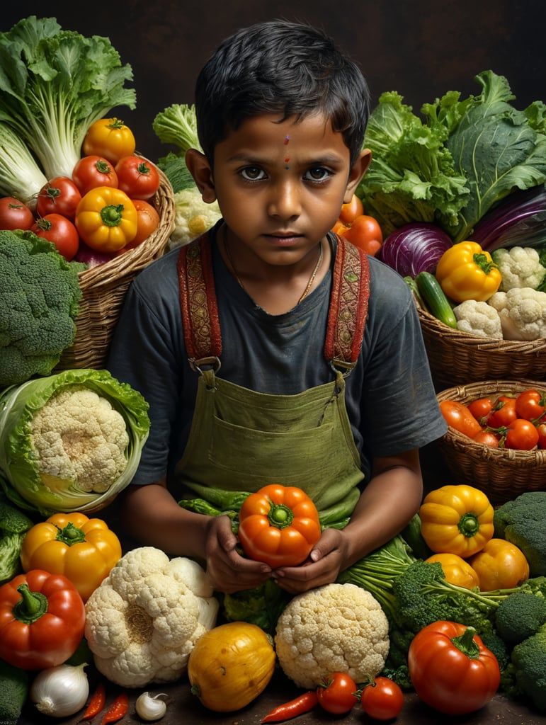 indian kid with vegetables