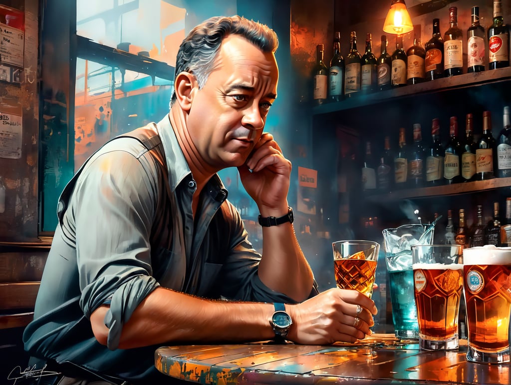 tom hanks down on his luck in a sleazy bar drinking scotch