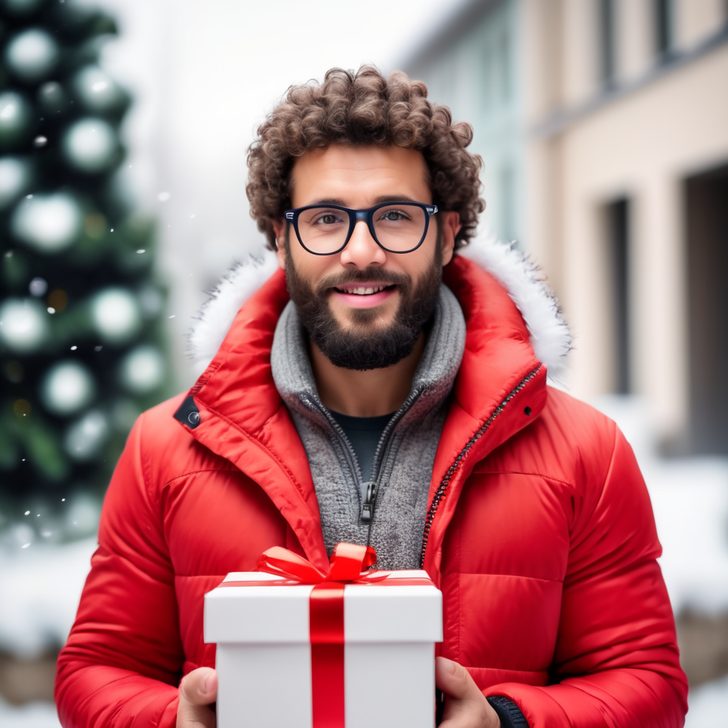 portrait of a bearded curly man wearing red puffer jacket, reeding glasses, stands front camera with gift box his hand, snowy weather, Christmas time, blurry background