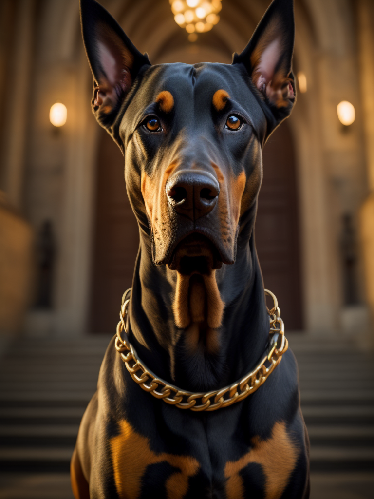 Doberman dog, golden chain, aggresive look, in front of a castle, dramatic Lighting, Depth of field, Incredibly high detailed, deep colors