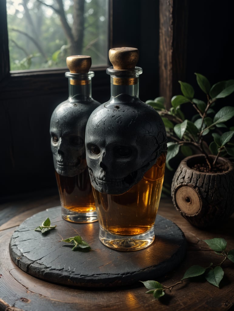 Quiero hacer una botella de tequila ancestral de cerámica de 700 ml. Con un tapón de metal dorado. Sobre una mesa de madera deben colocarse una botella y unas ramas de arbol . Queremos que la marca sea fiel al antiguo estilo prehispanico.