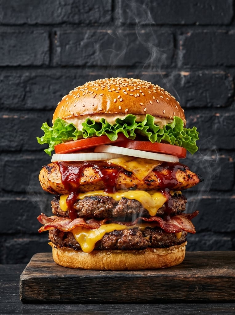 A towering, multi-layered burger stands centered against a dark charcoal brick wall. The glossy sesame seed bun crowns vibrant ruffled lettuce, bright red tomatoes, and crisp white onions. The massive protein stack features a grill-marked chicken breast dripping with rich red sauce, two thick beef patties layered with crispy bacon strips, and melting yellow cheese. High-contrast commercial food photography emphasizes the appetizing glossy textures and delicate steam rising from the hot ingredients in sharp focus.