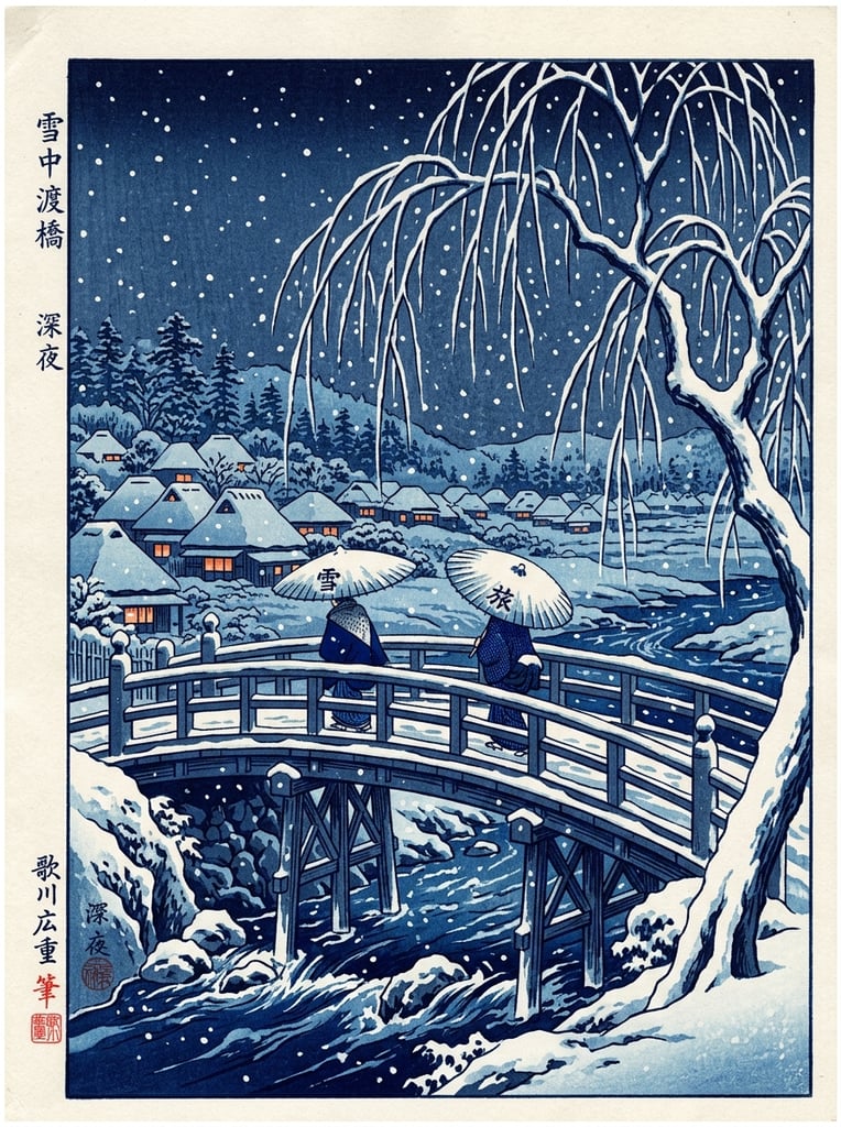 two figures with open umbrellas walking across a wooden bridge in a snowstorm, large snow-laden weeping willow tree framing the right foreground, deep blue flowing river below, traditional village houses with warm glowing windows in the background, falling white snowflakes, deep indigo night sky, traditional Japanese woodblock print style, monochromatic blue color palette with stark white snow accents