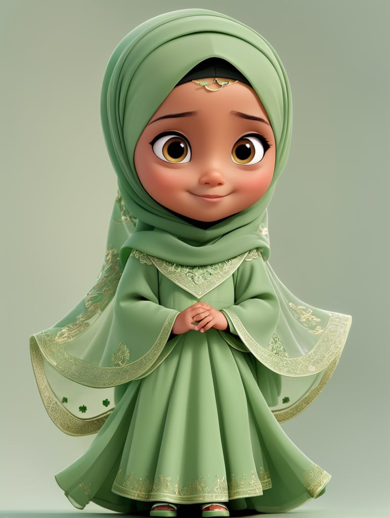 an islamic seven year old little girl wearing a sage green hijab with a transparent background